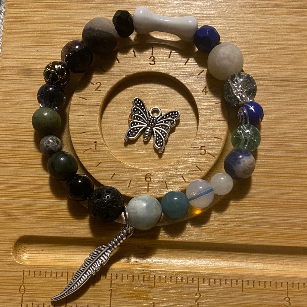 Colorful Gemstone Bracelet with Silver Feather Charm
